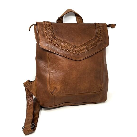Vilenca Holland Backpack Distressed Leather Woven Trim TK 228 Cognac Brown NWT main image 8